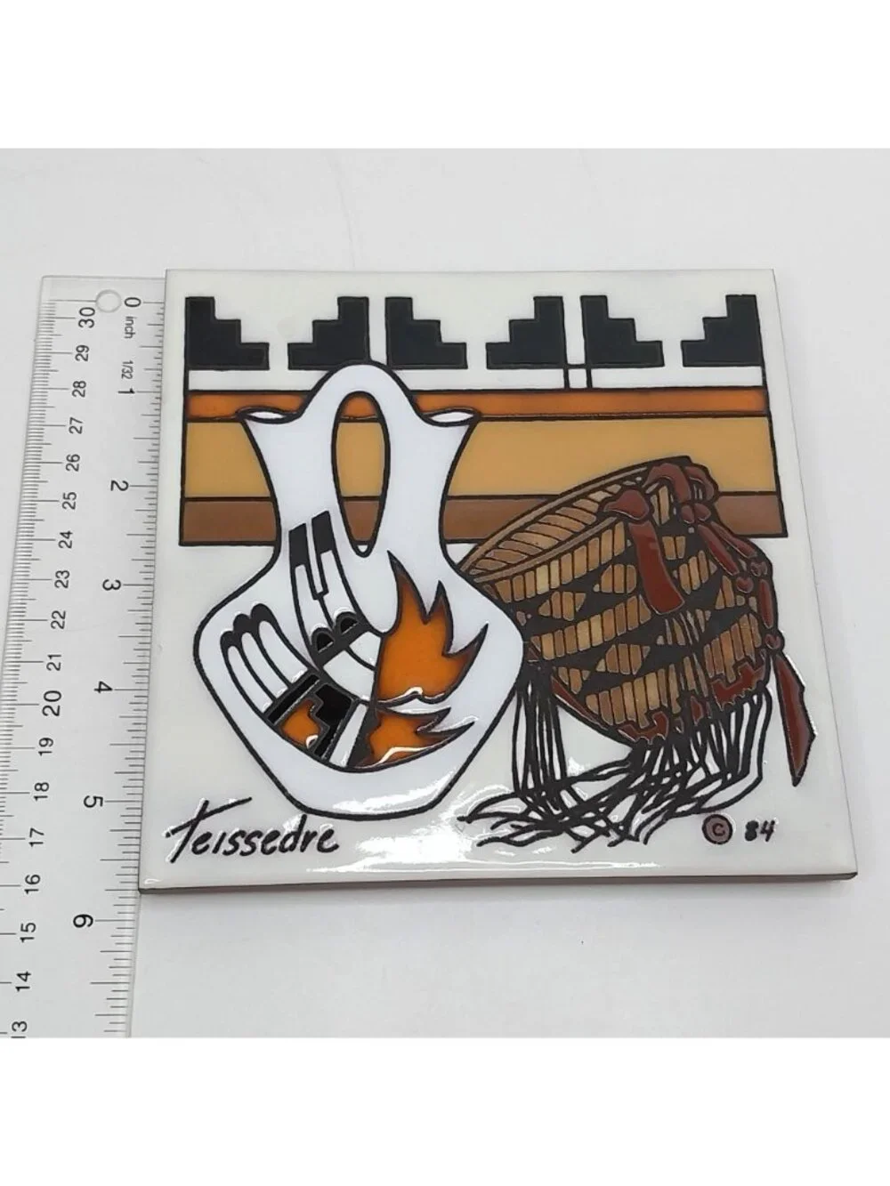 Cleo Teissedre Southwestern Native American Ceramic Tile Wedding Basket Trivet